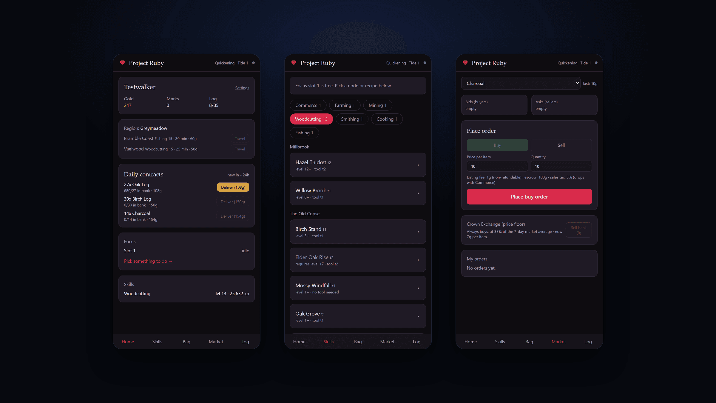 Drie schermen van Project Ruby naast elkaar: het overzicht met dagopdrachten, de skills met plekken om te werken, en de marktplaats waar spelers orders plaatsen