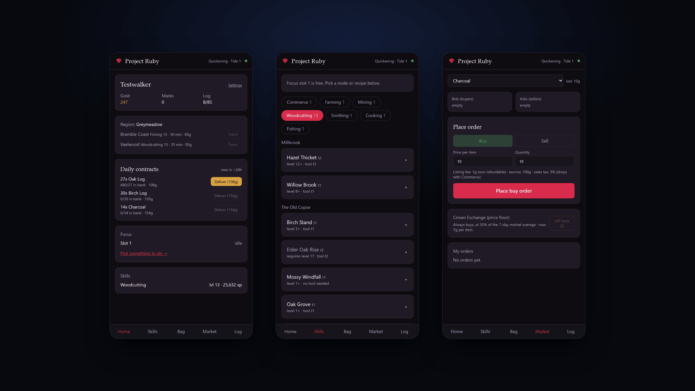 Drie schermen van Project Ruby naast elkaar: het overzicht met dagopdrachten, de skills met plekken om te werken, en de marktplaats waar spelers orders plaatsen