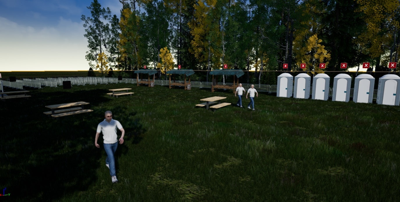 Virtuele bezoekers lopen over het festivalterrein; geplaatste objecten hebben een rode verwijderknop