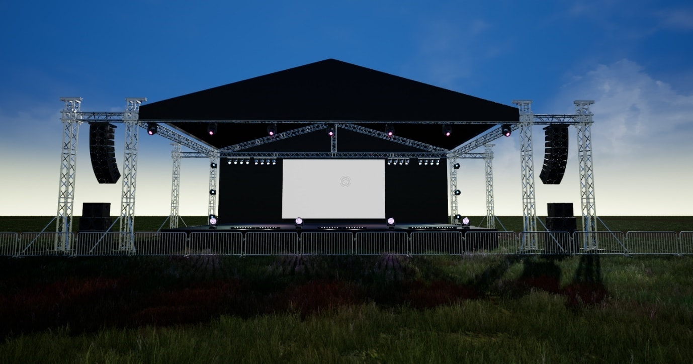 Impressie van de mainstage in VR Event: een festivalpodium met trussen, speakers en lichtinstallatie, gebouwd in Unreal Engine 5