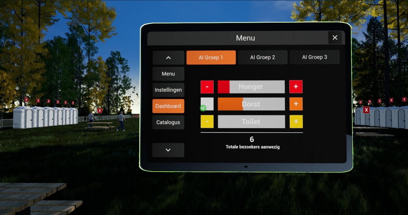 Dashboard-widget met drie AI-groepen en behoeftebalken voor honger, dorst en toilet, plus het totale aantal bezoekers