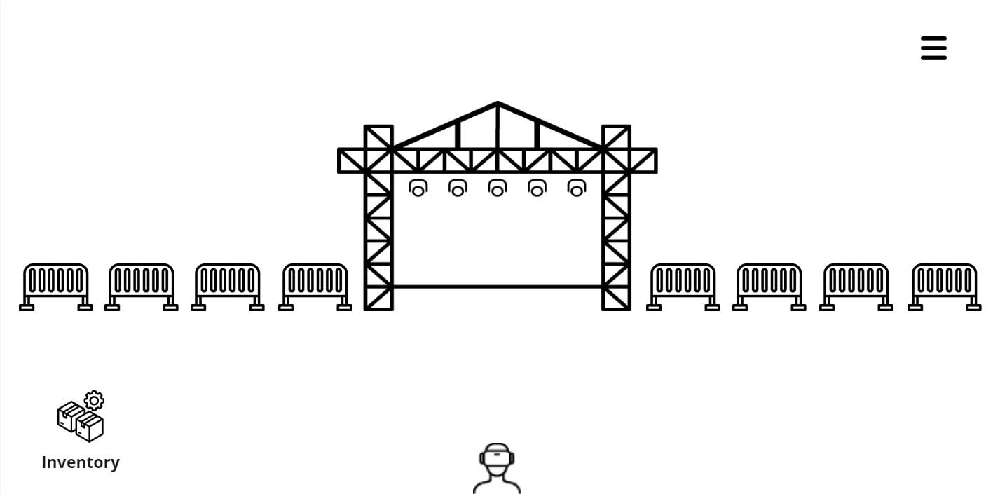 Low-fidelity schets van het hoofdlevel: een podium met dranghekken, een inventory-knop en een menu-icoon