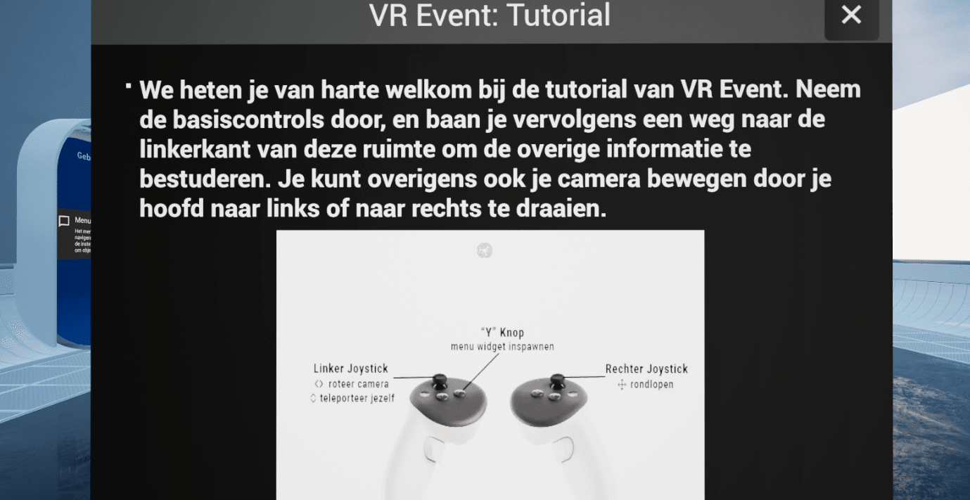 Startscherm van de tutorial in VR Event met uitleg van de knoppen op de VR-controllers