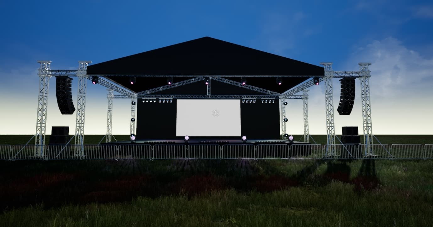 Impressie van de mainstage in VR Event: een festivalpodium met trussen, speakers en lichtinstallatie, gebouwd in Unreal Engine 5
